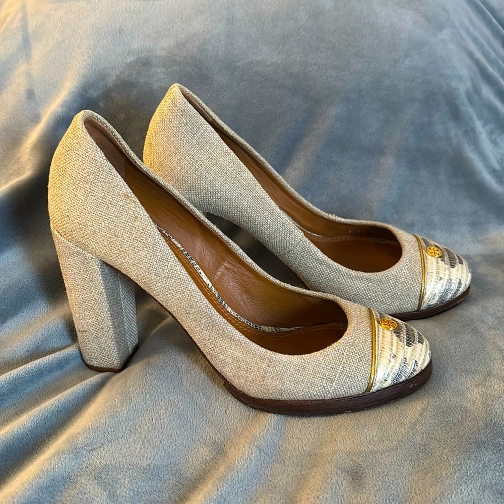 Tory Burch canvas and snakeskin heels
